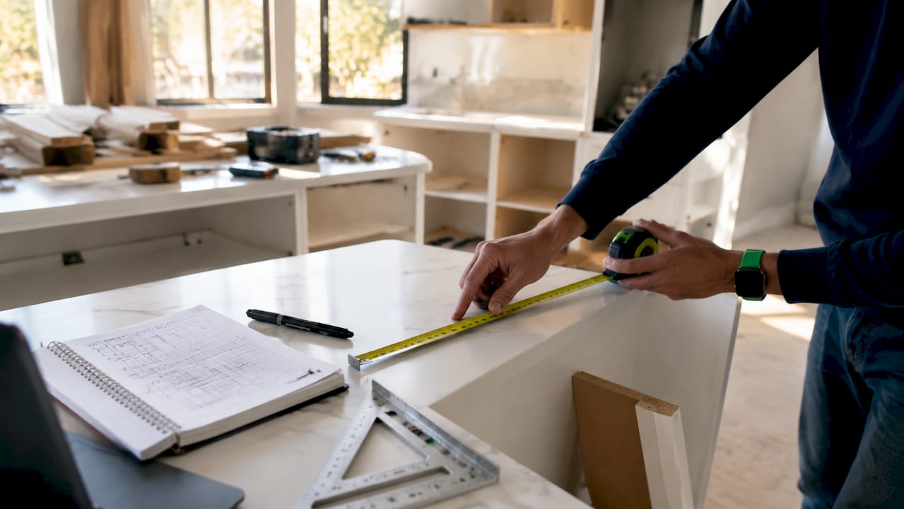 Hands measuring kitchen countertop length