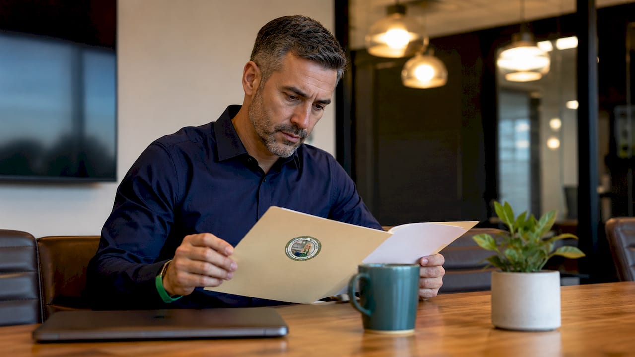 Hands reviewing contractor insurance documents on desk