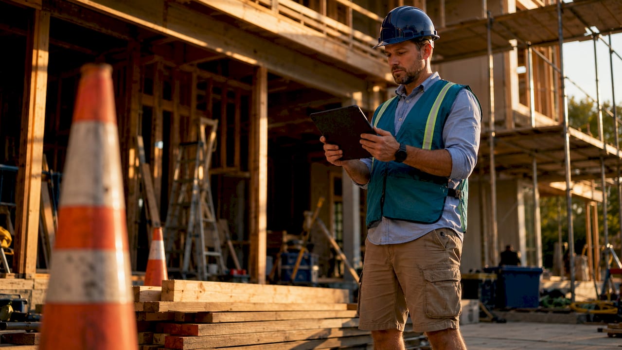 Construction manager reviewing renovation phases onsite