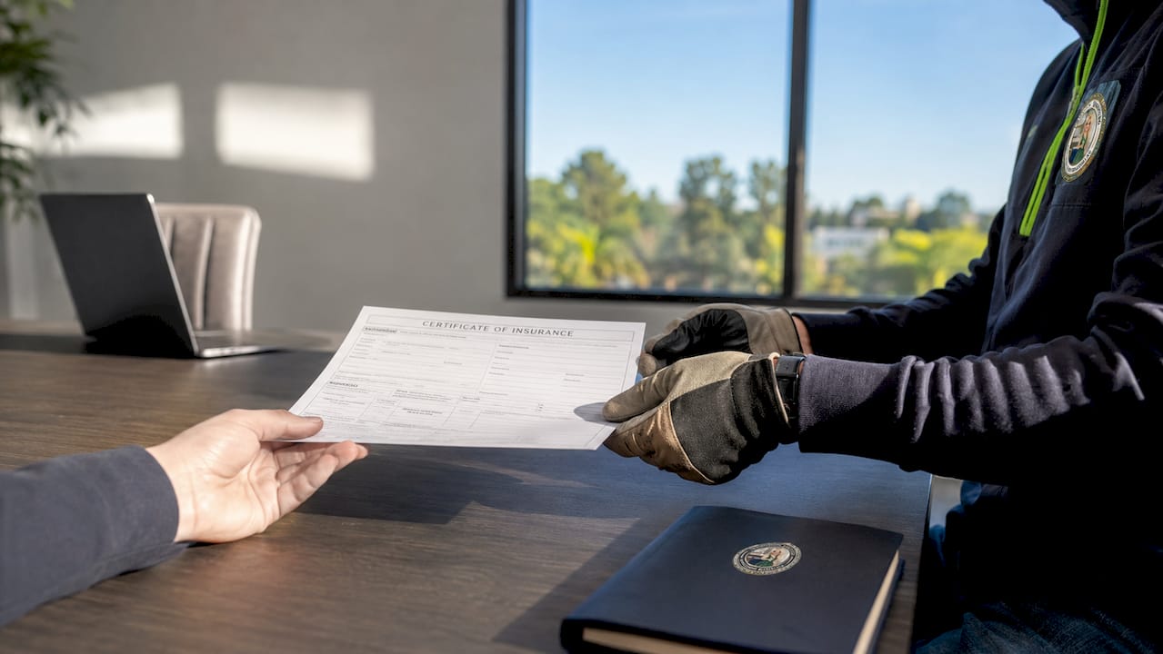 Hands exchanging contractor insurance certificate