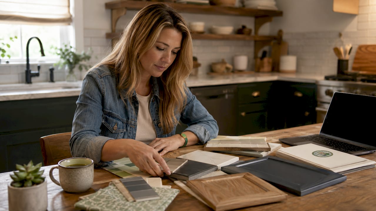 Woman choosing kitchen remodel materials