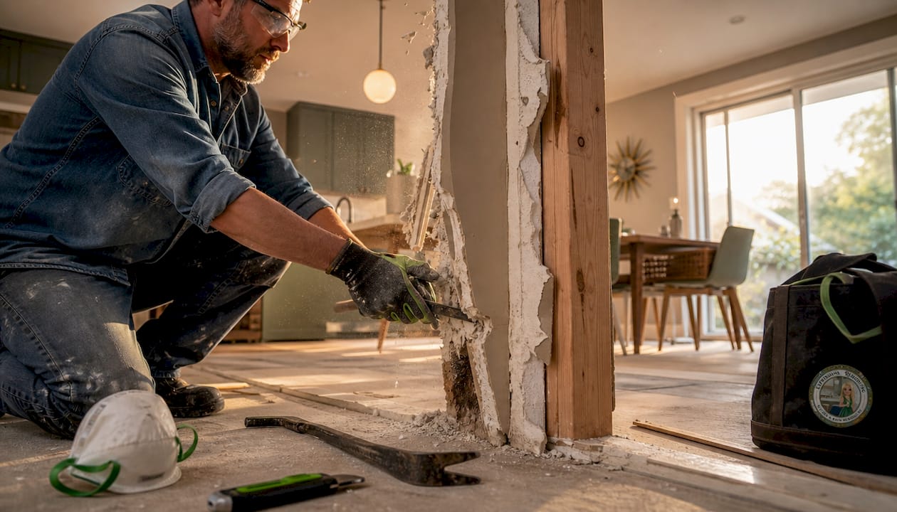 Contractor removing drywall in kitchen remodeling