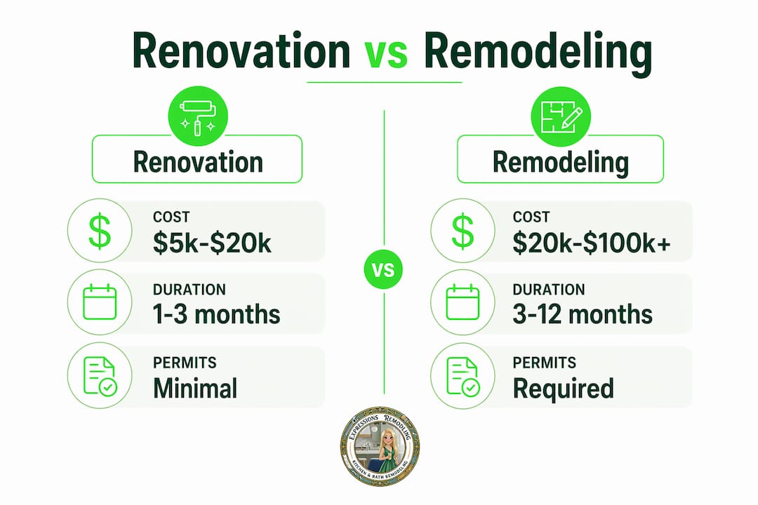 Infographic comparing renovation versus remodeling factors