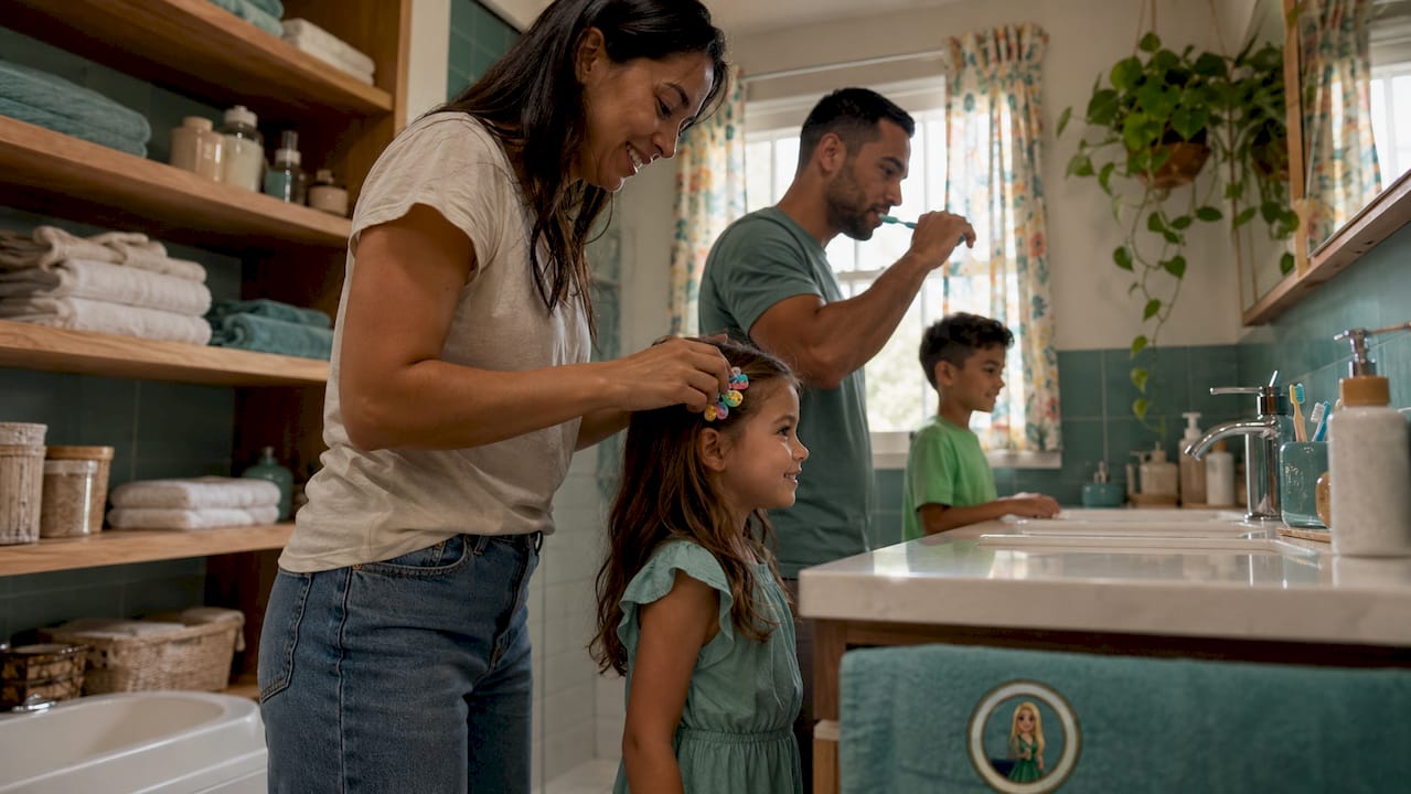 Family using bathroom in morning routine