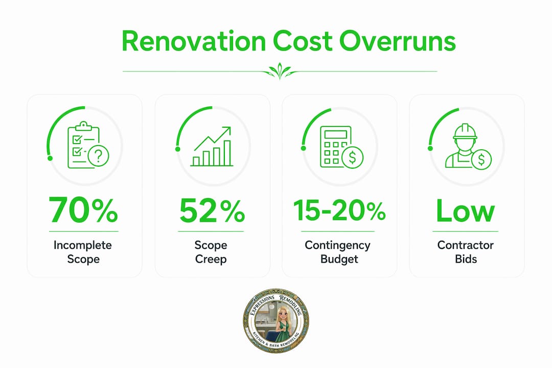 Infographic showing main causes of renovation cost overruns