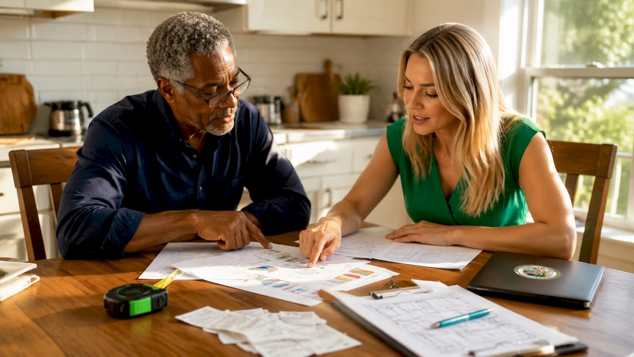 Hands discussing renovation cost charts