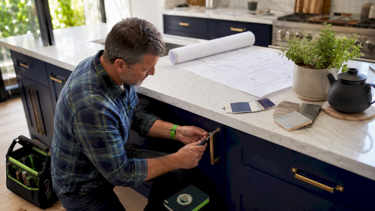 Man measuring cabinets in bright kitchen remodel
