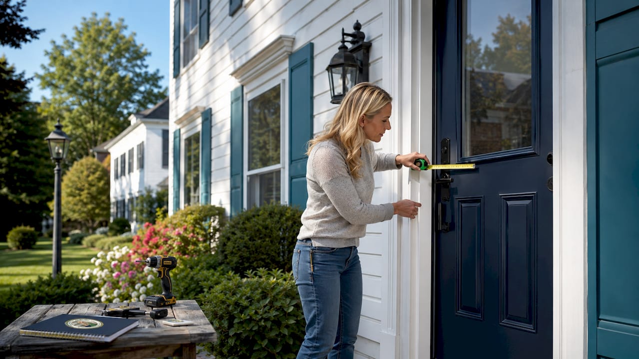 Homeowner measuring new garage door installation