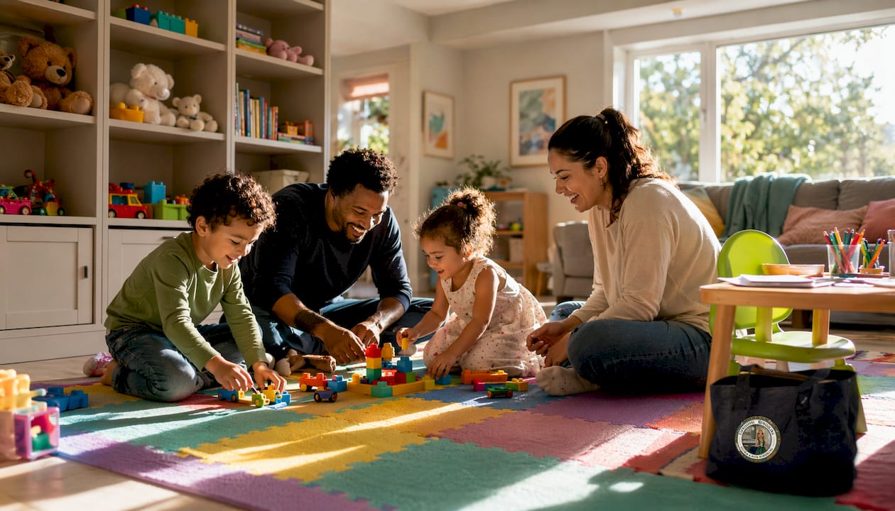 Bright basement playroom with family playing