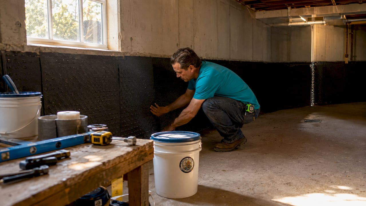 Contractor inspecting basement waterproofing installation