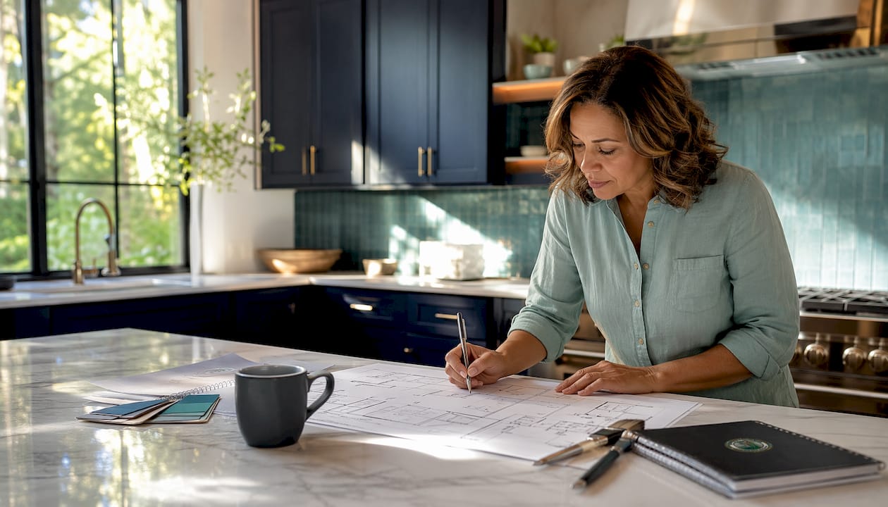 Homeowner studying remodeling plans at kitchen table