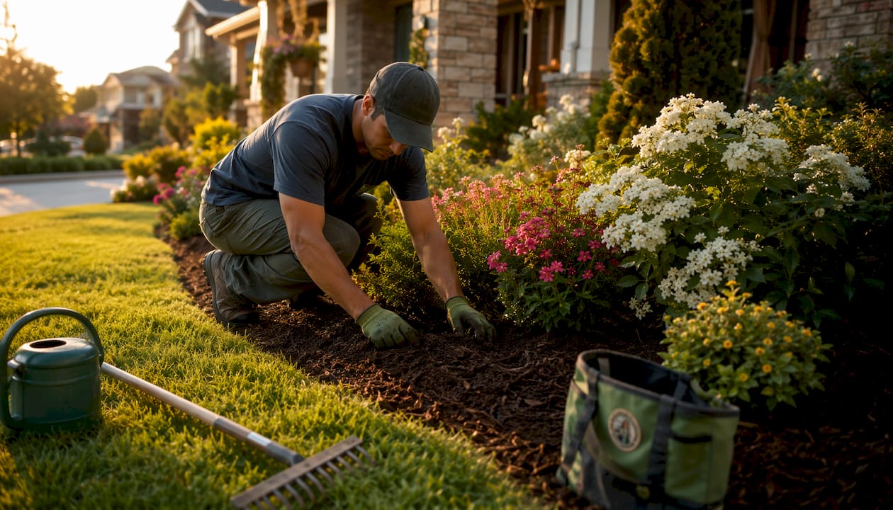 Landscaper working on front yard garden