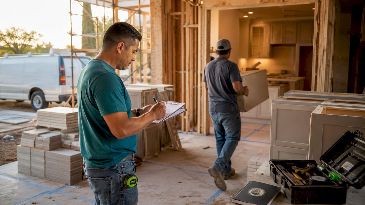 Subcontractors managing materials on renovation site