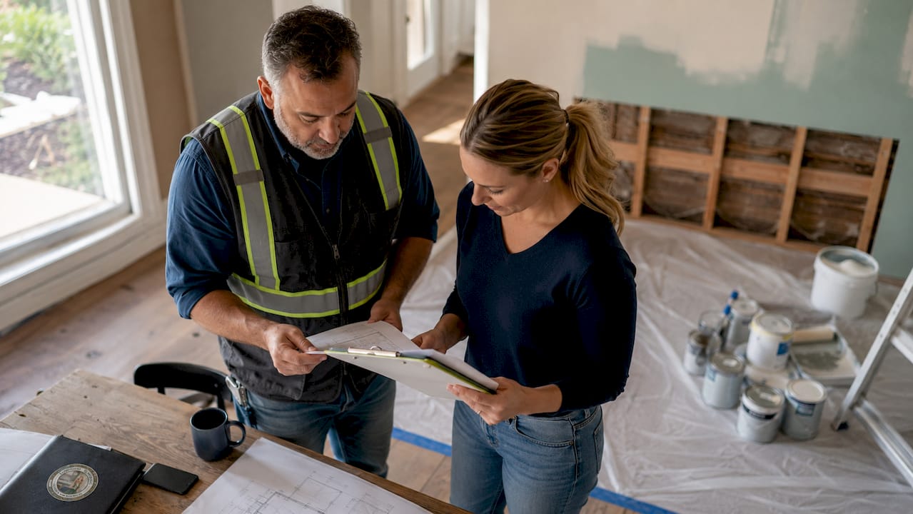Contractor and subcontractor reviewing renovation plans