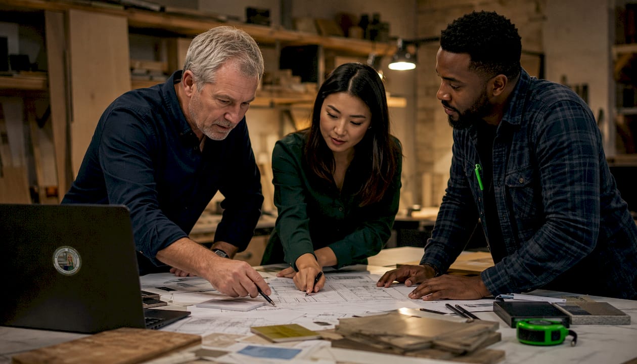 Construction team reviewing blueprints indoors