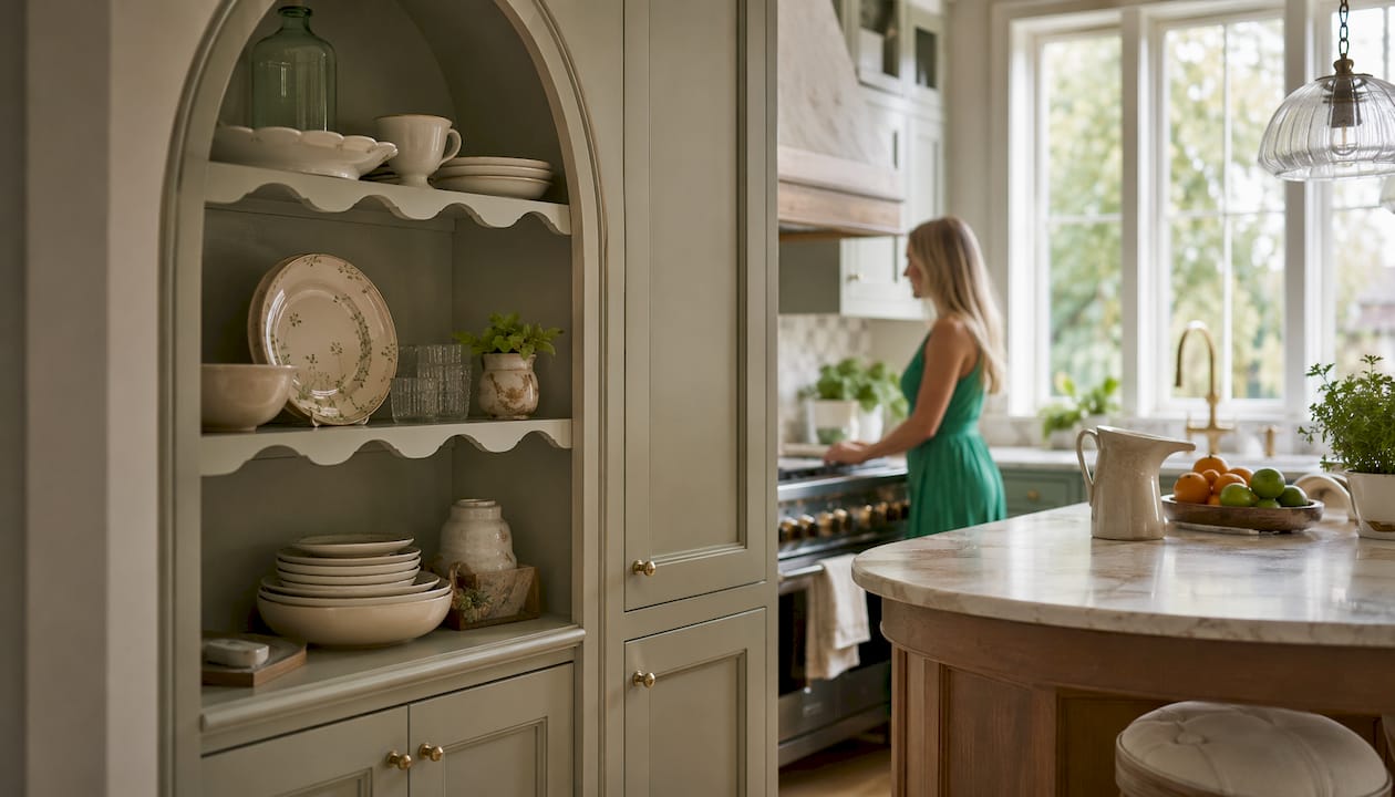 Curved kitchen cabinetry details close-up