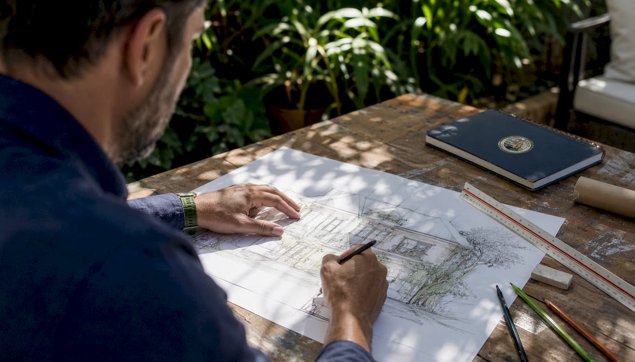 Hands sketching remodeling design plans