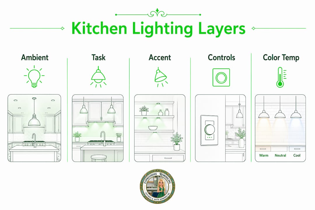 Infographic showing kitchen lighting layers hierarchy