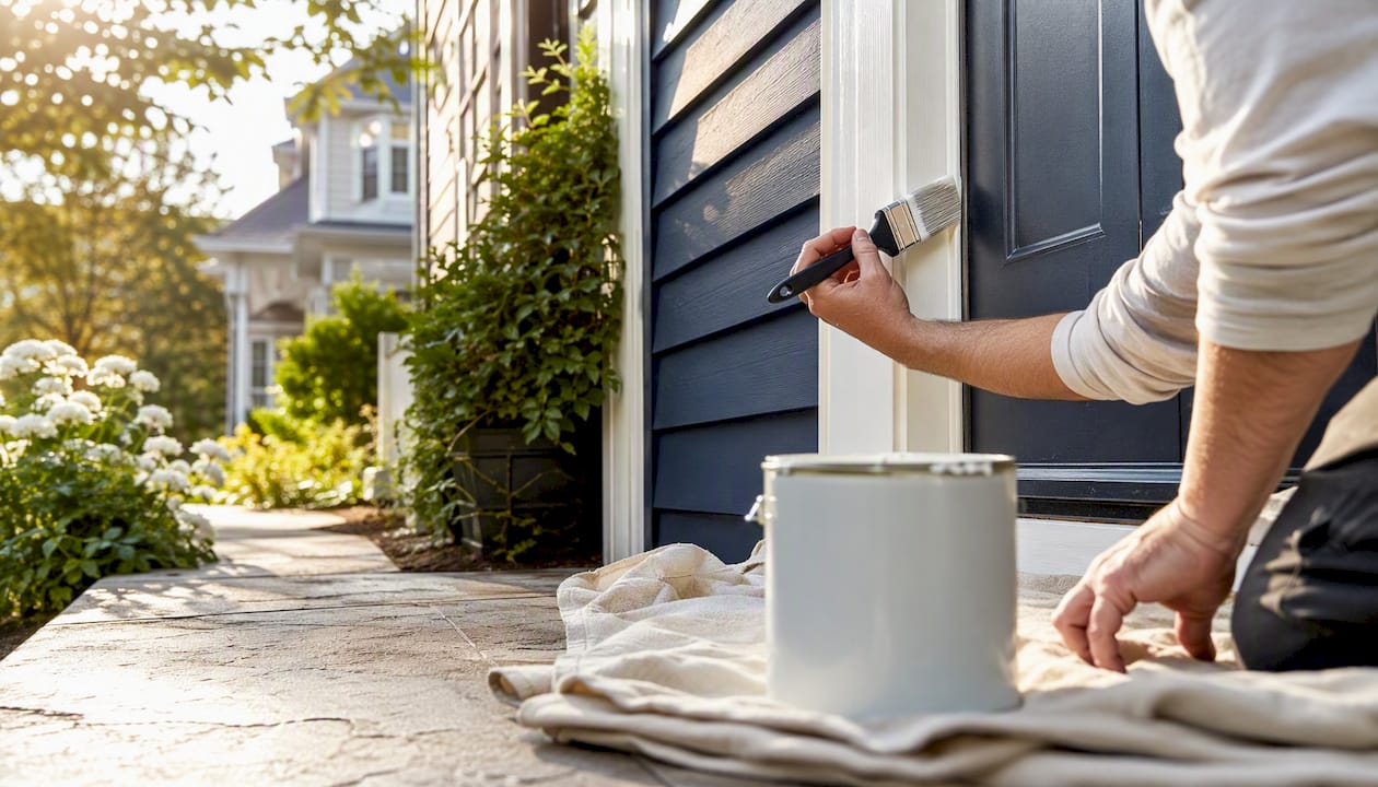 Painter applying trim paint on home exterior