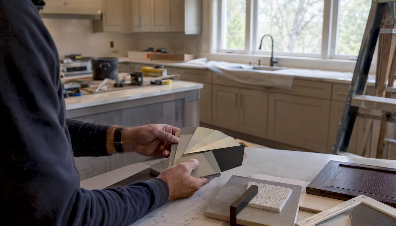 Hands selecting tile samples in kitchen renovation