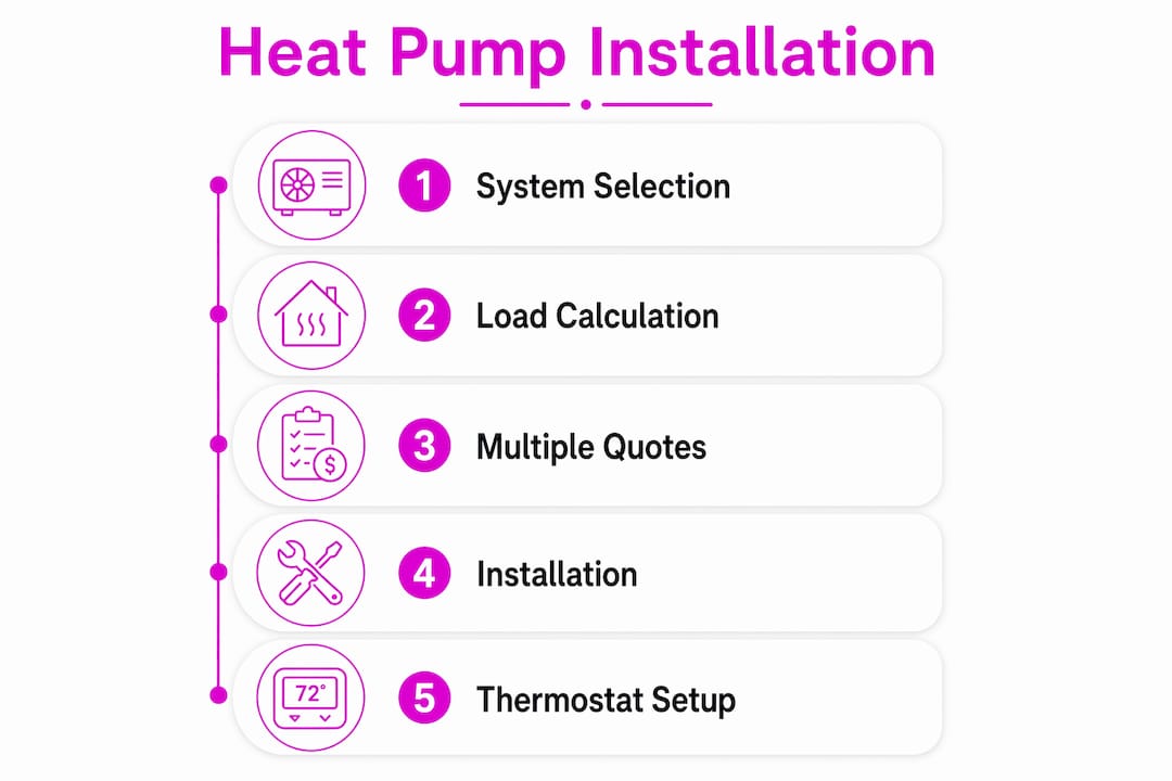 Infographic illustrating heat pump installation steps from selection to thermostat setup