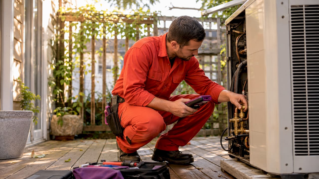 Technician inspecting outdoor heat pump unit