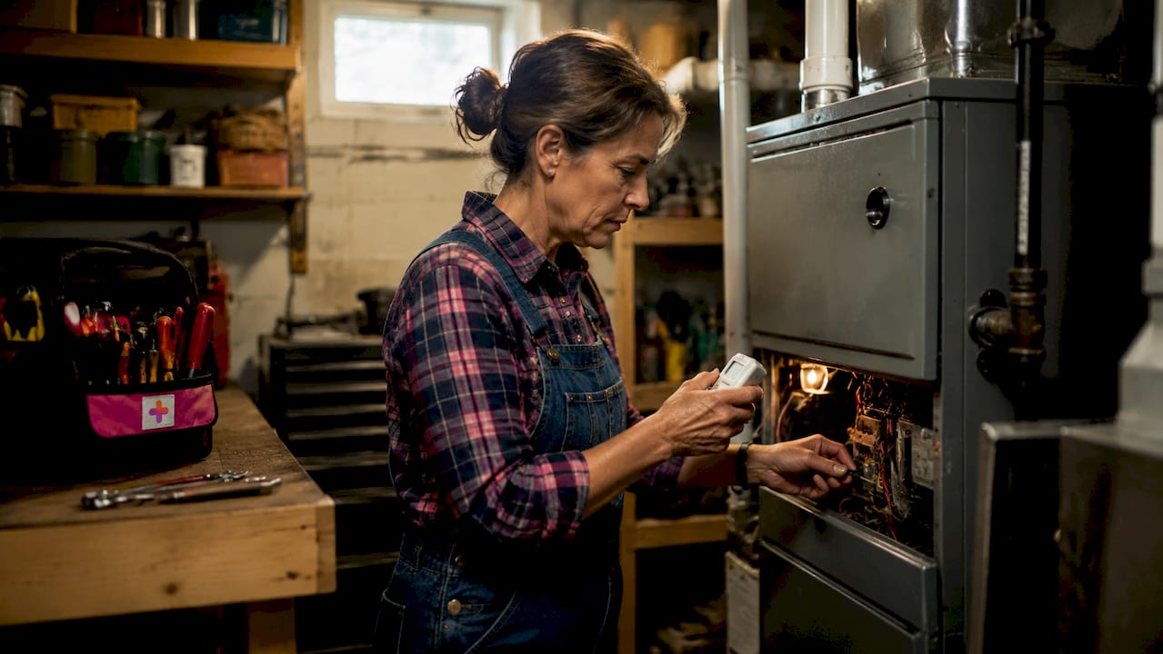 Homeowner inspecting furnace for heating repair