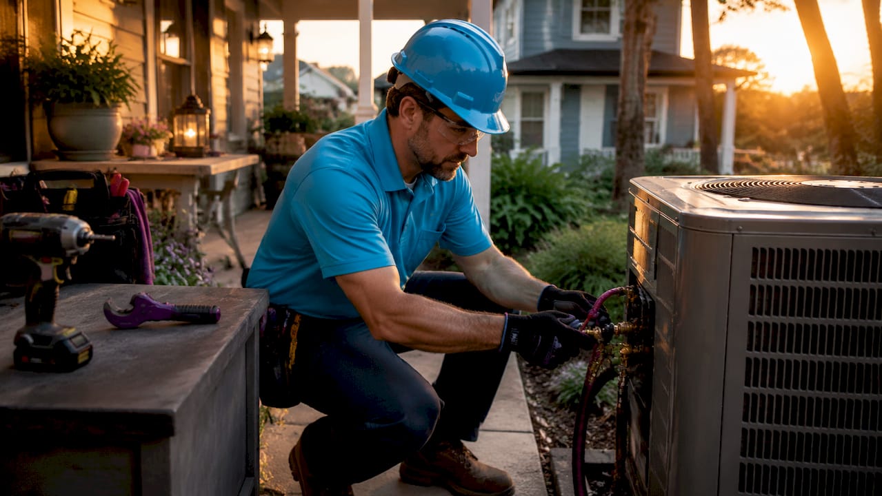HVAC technician installing outdoor condenser unit