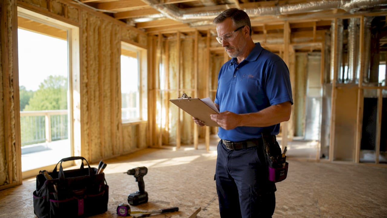 HVAC technician reviewing installation checklist inside new home framing