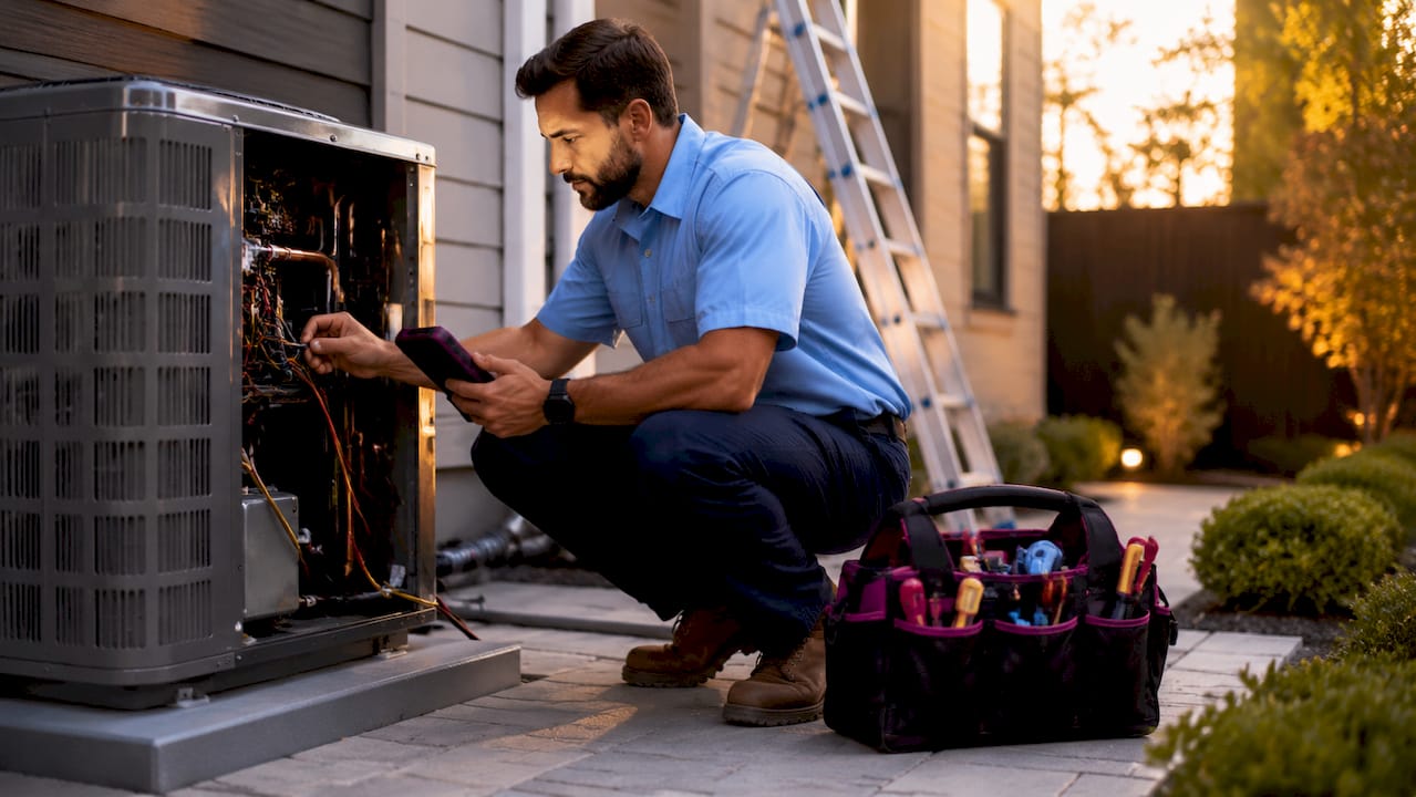 Technician repairing outdoor HVAC condenser unit