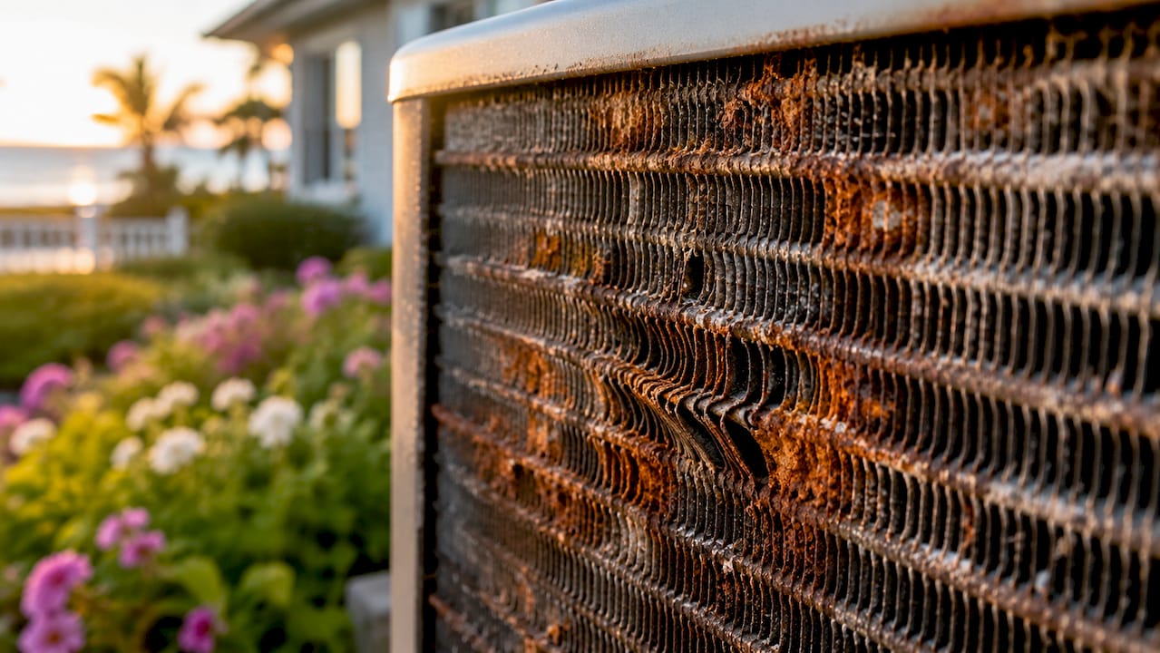 Close-up of corroded HVAC coil fins