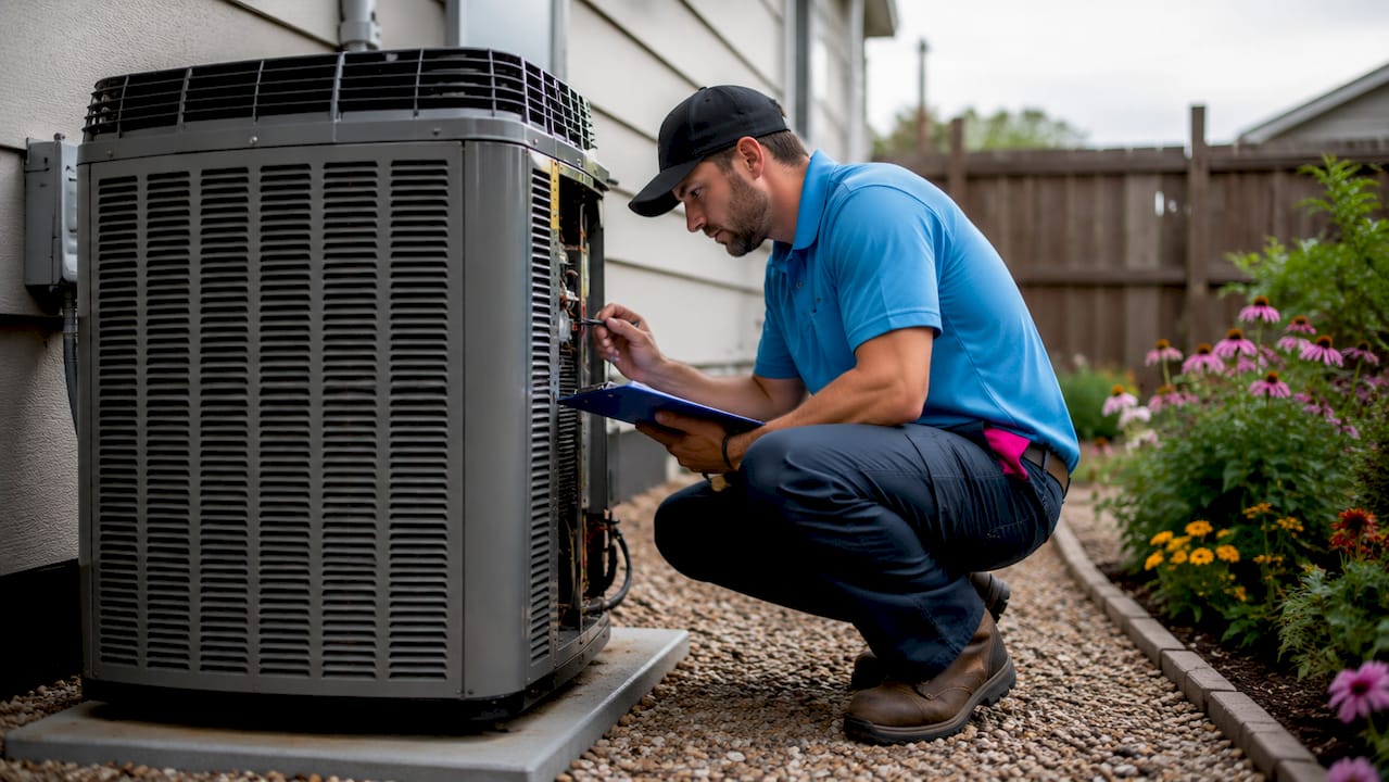 Technician inspecting HVAC unit outdoors on porch