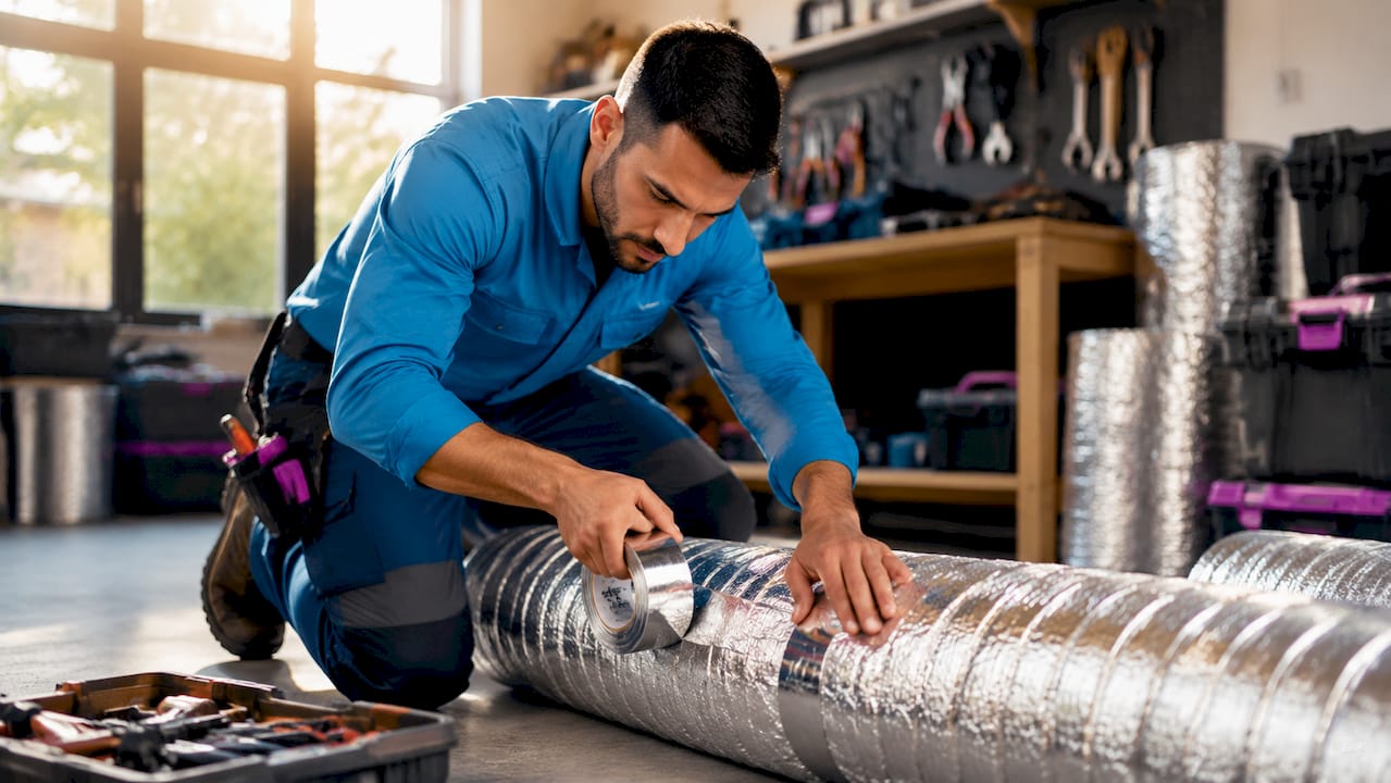 Technician sealing HVAC ducts in residential attic