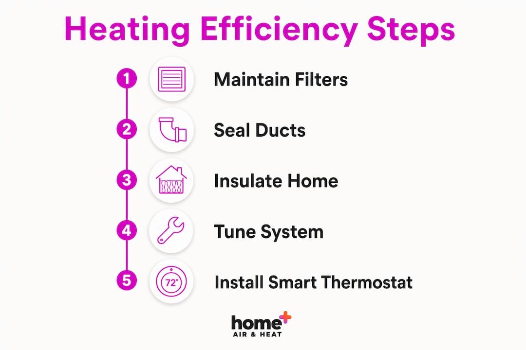 Infographic illustrating steps to maximize heating efficiency