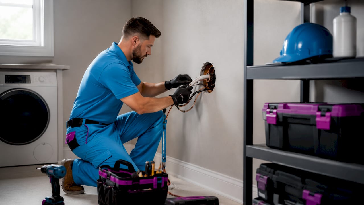 Hands checking refrigerant line installation through wall hole