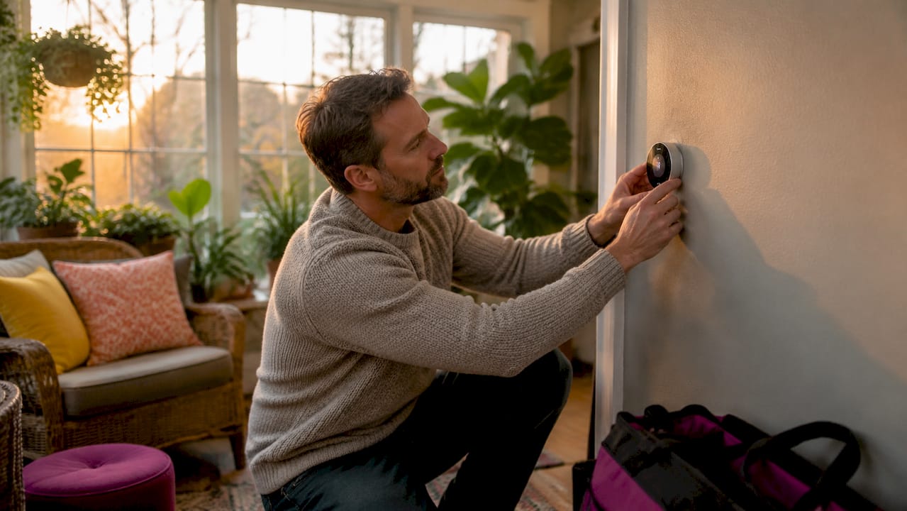 Hands adjusting smart thermostat wall device