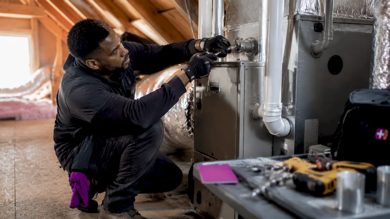 HVAC technician installing furnace ducts