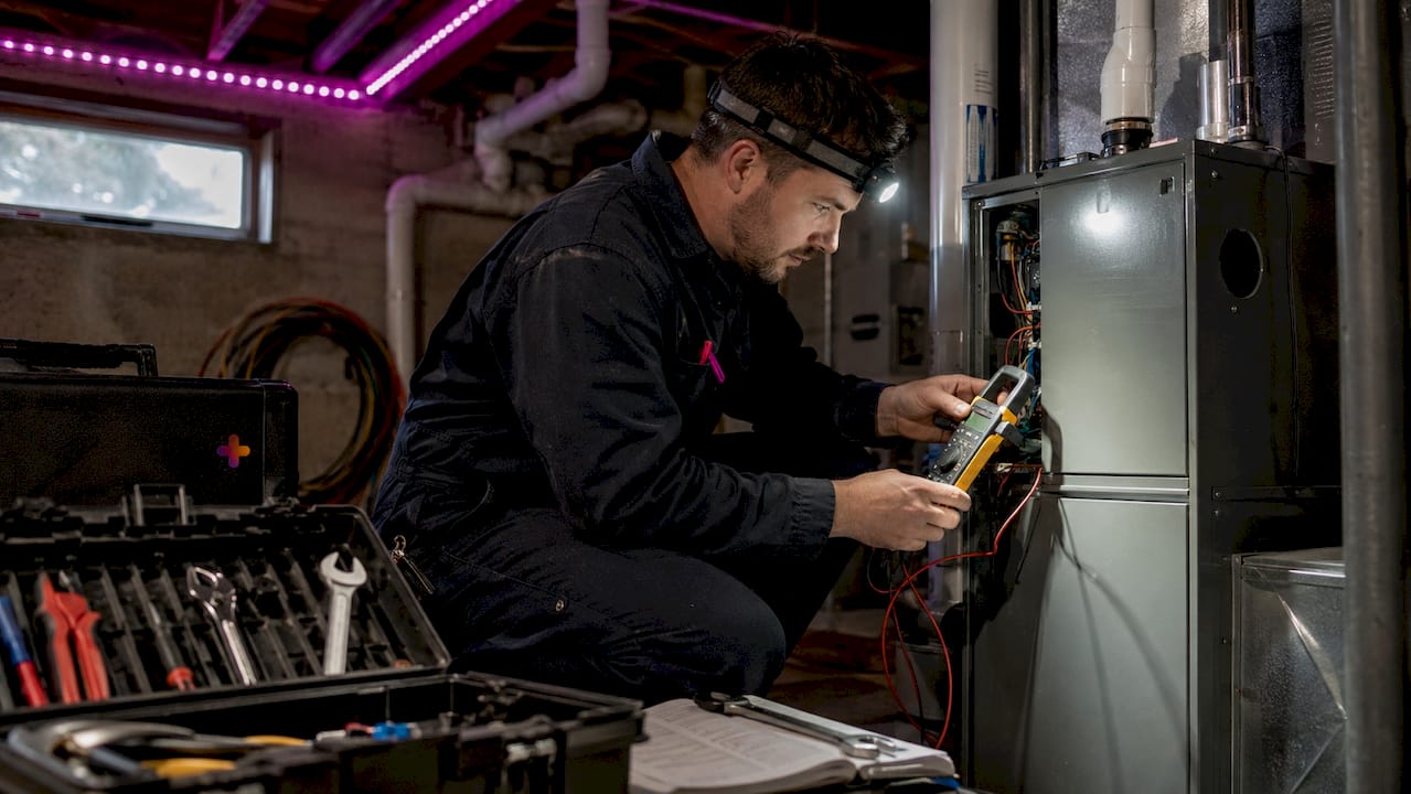HVAC technician testing furnace electrical components indoors