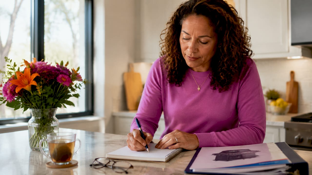 Homeowner writing HVAC symptoms notes at kitchen table