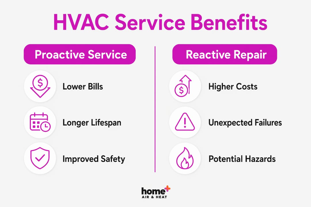 Infographic comparing proactive HVAC service benefits vs reactive repairs