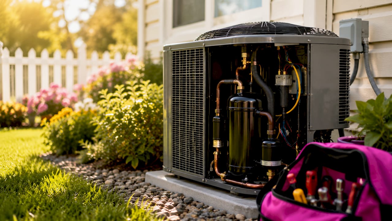 Close-up of two-stage HVAC compressor unit outdoors