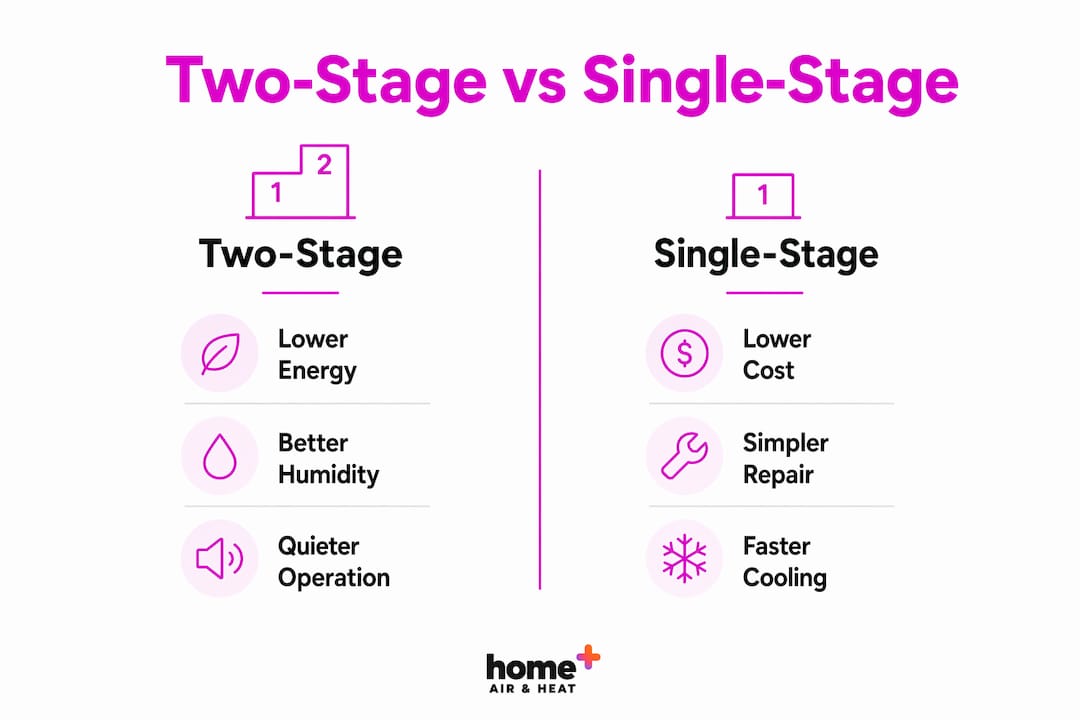 Infographic comparing two-stage and single-stage cooling benefits
