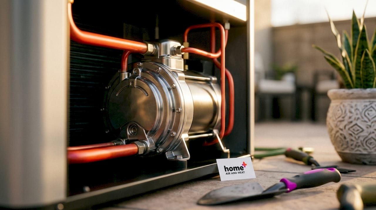 Close-up of heat pump inverter compressor in workshop