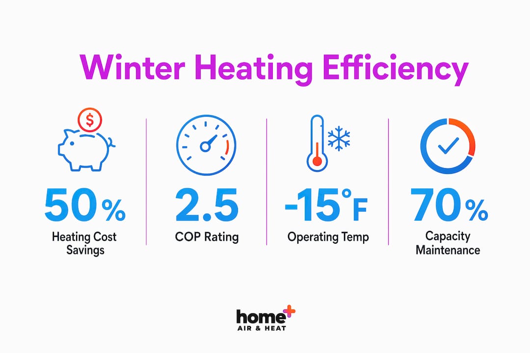 Infographic showing heat pump winter efficiency stats