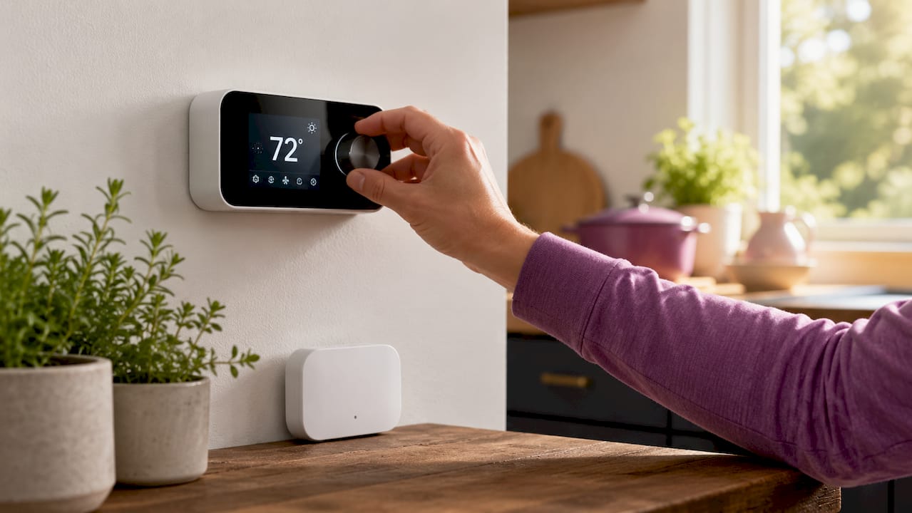 Hand adjusting dual-fuel HVAC thermostat