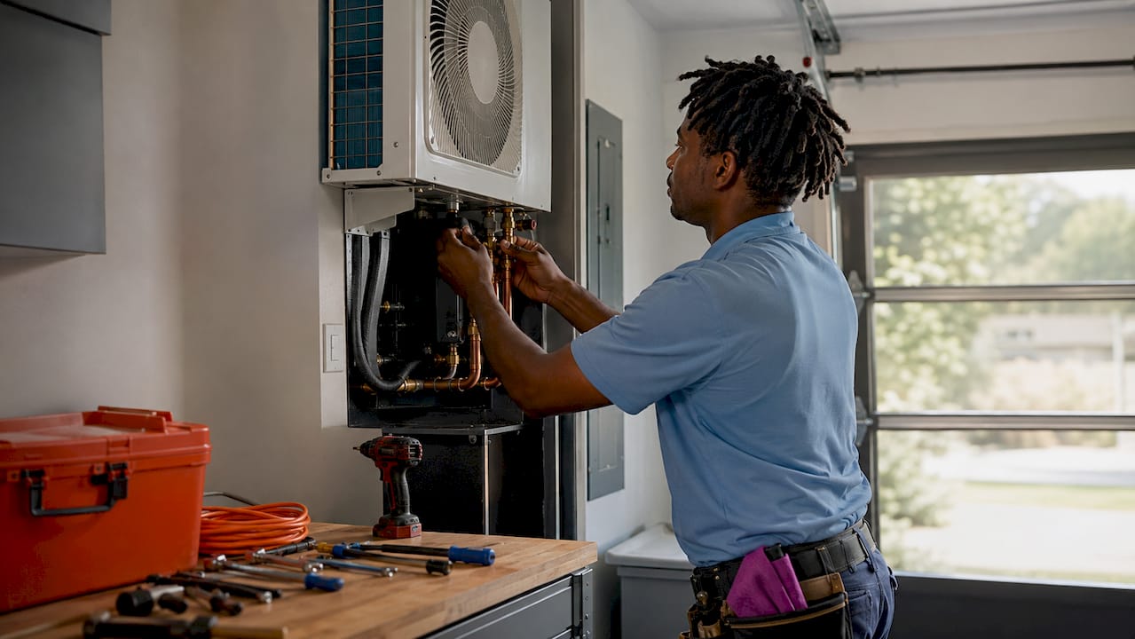 Installer connecting indoor heat pump air handler