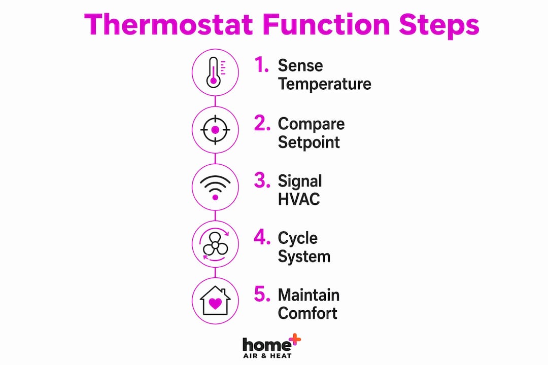 Infographic showing thermostat function steps in HVAC system