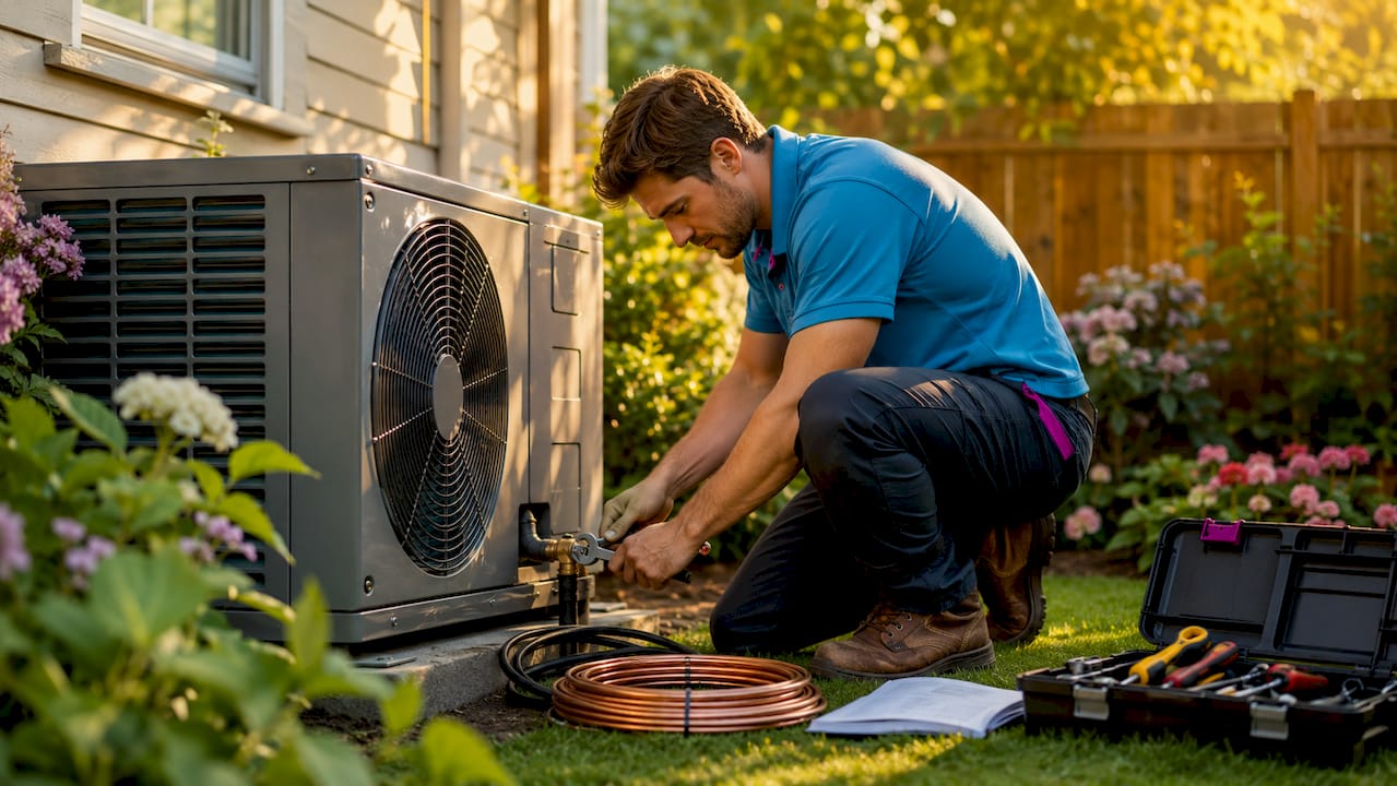 Technician installing outdoor HVAC heat pump unit