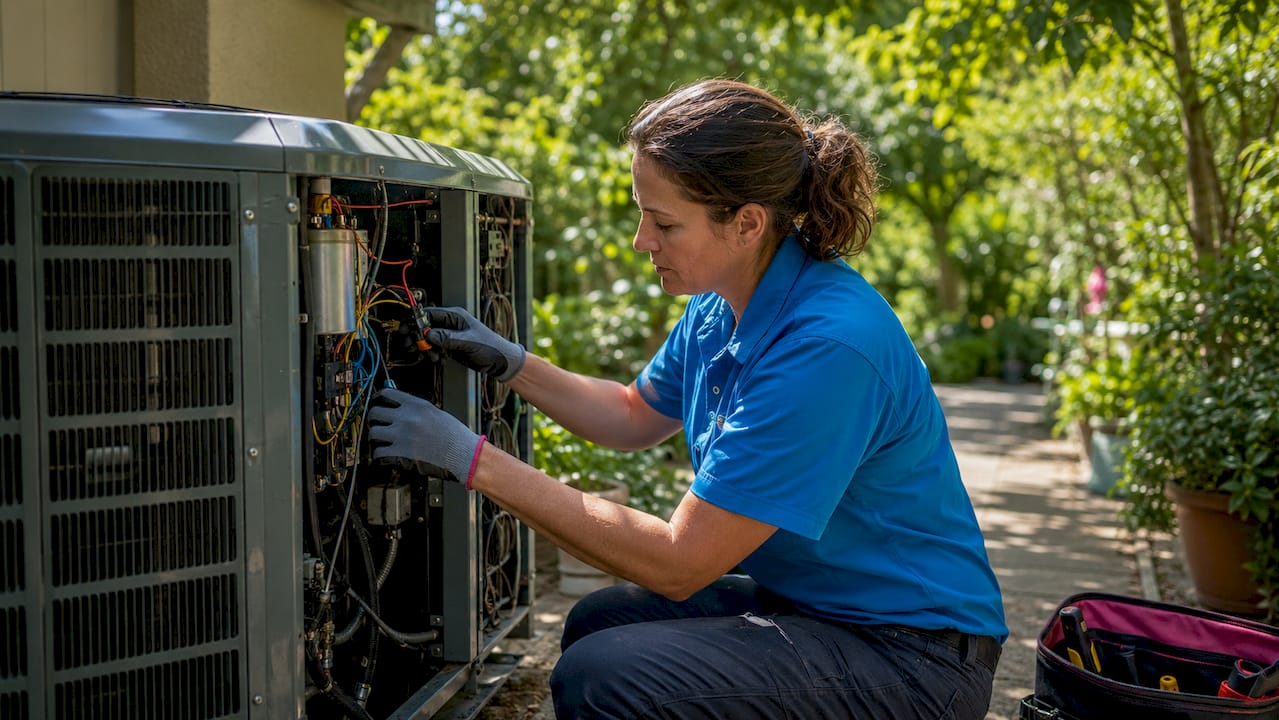 Close-up of hands repairing HVAC electrical wiring