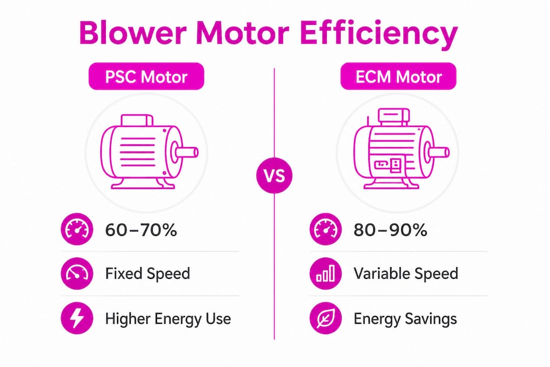 Infographic comparing PSC and ECM blower motor efficiencies